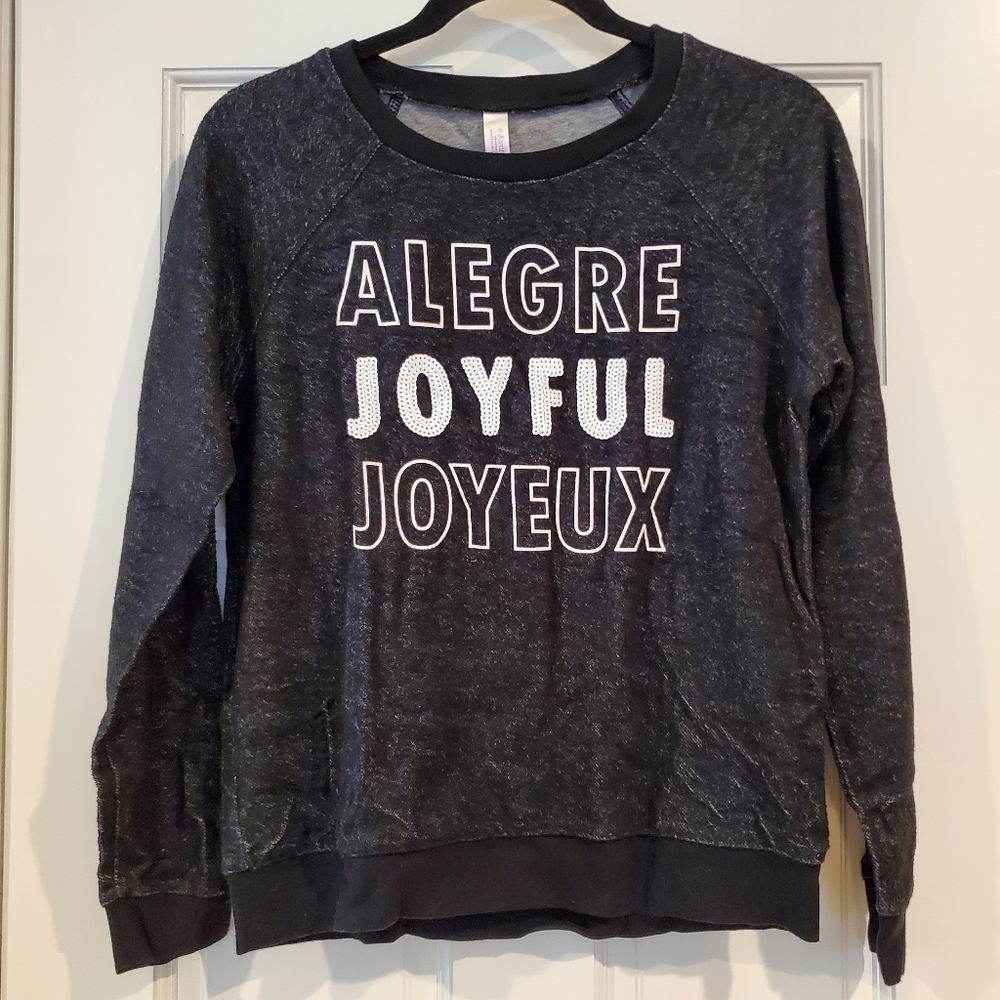 Xhiliration "Alegre Joyful Joyeux" Graphic White Sequin Black Sweatshirt  XS